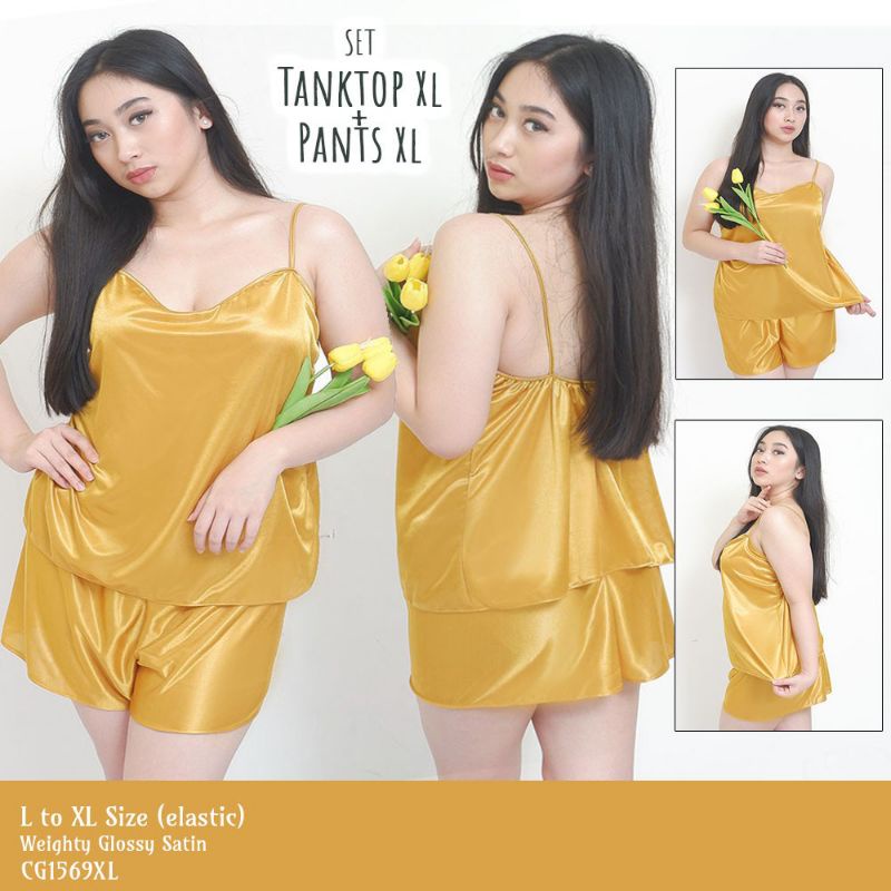 Setelan babydoll wanita sexy baju tidur satin big size jumbo emas 1569EBD