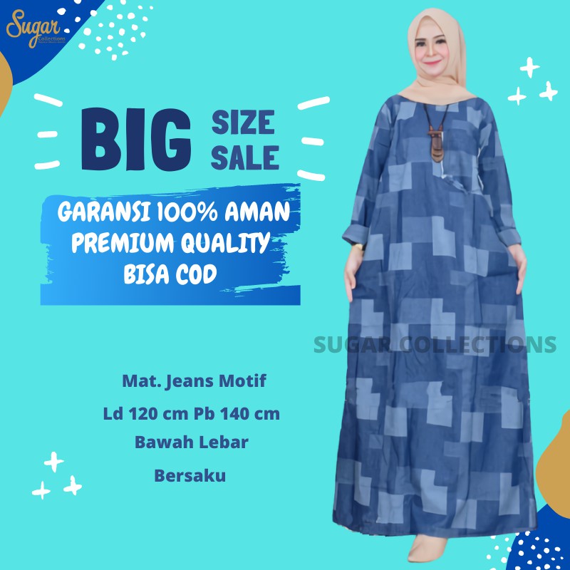 gamis jeans jumbo terbaru Lengan Panjang ld 120 Bahan Jeans Motif COD