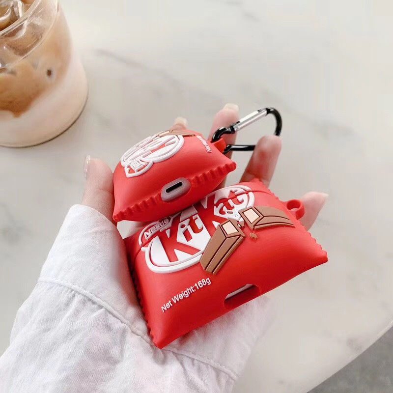 Creative Fun Cartoon Cute KitKat Red Chocolate Design Soft Silicone Earphone Case for Apple AirPods Pro for Airpods 3 for AirPods 2 1 for inpods 12 i7 i9 i10 i11 i12 Anti-fall Protection Wireless Bluetooth Headset Cover for Air Pods