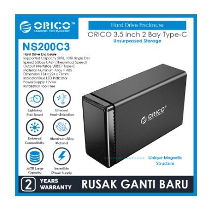 Hard disk hdd drive enclosure orico 2 bay 3.5&quot; usb3.1 type-c 5Gbps 20TB aluminum ns200c3 ns200-c3 - Casing harddisk external 3.5 inch