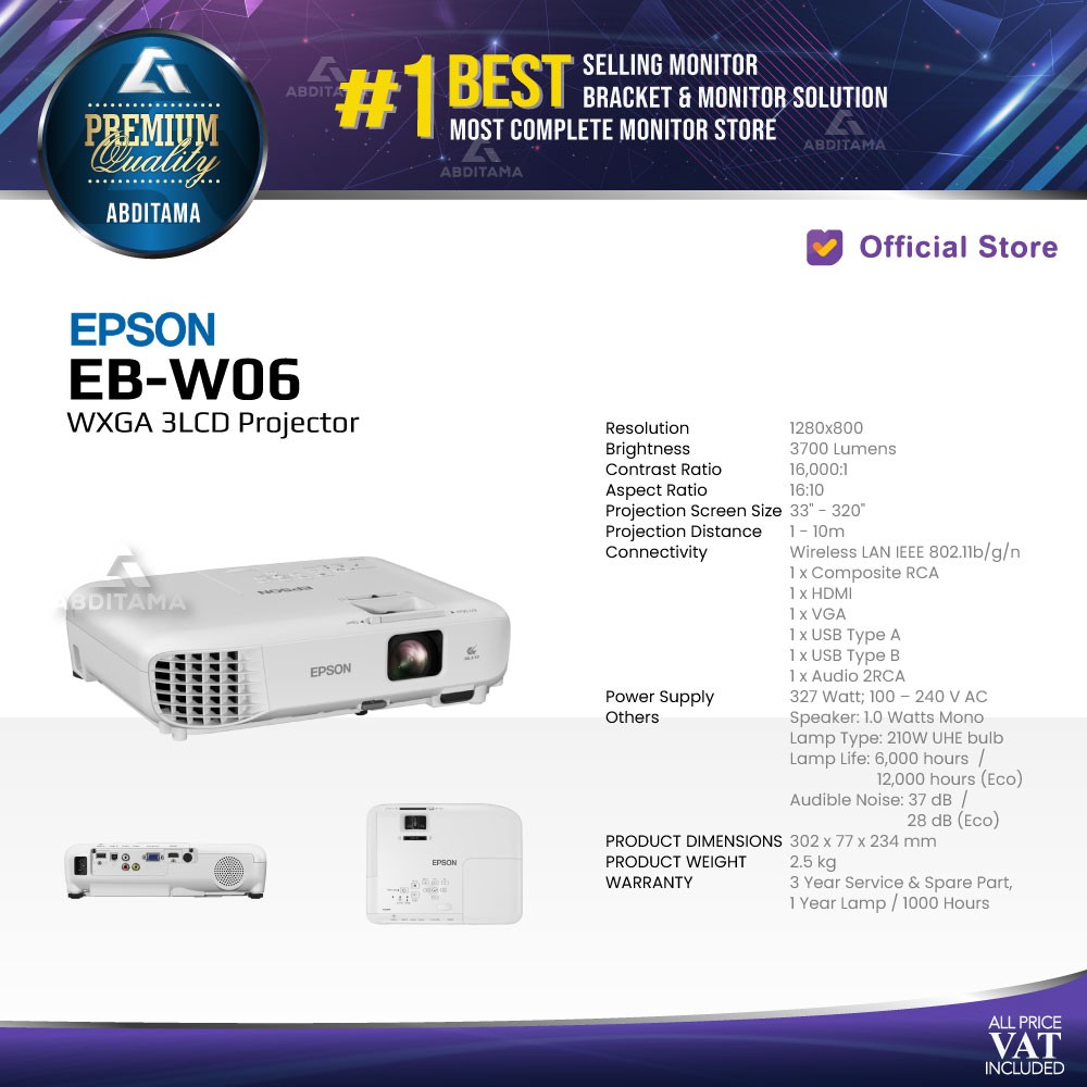 Proyektor Projector Epson EB W06 wxga 3700lm Wifi D-sub Hdmi Usb 3lcd