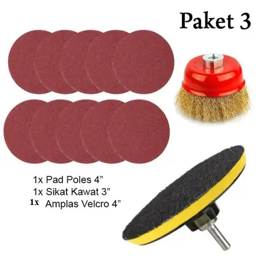 Paket Sanding Pad + Amplas Bulat Velcro 4 Inch + Sikat Kawat Mangkok 3 Inch King / Paket Pad Poles Penyangga Amplas