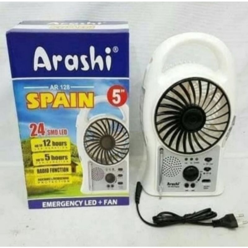 ARASHI Kipas Angin Emergency 5&quot; SPAIN + RADIO FM + Lampu LED 24 SMD