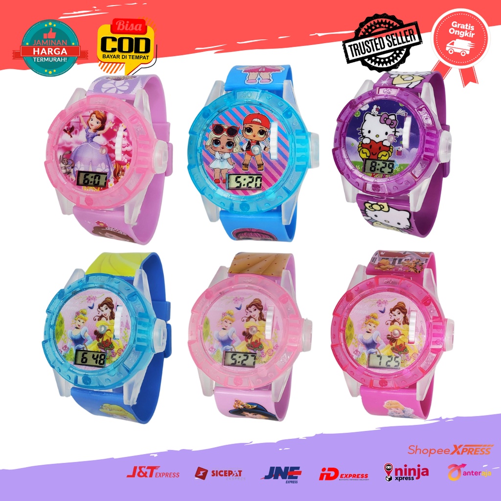 [COD] Jam Tangan Anak Laser Karakter Kartun Sofi Elsa Hello Kitty Barbie Little Pony Cewek Lampu Proyektor Melodi Seri 3