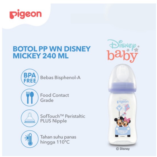 Pigeon Botol PP Wide Neck 240ml Mickey W/P-Plus Nipple - Botol Susu Bayi