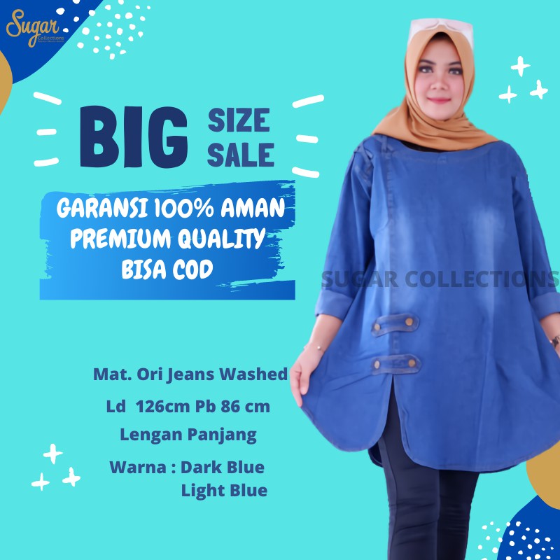 TUNIK JEANS WANITA JUMBO LENGAN PANJANG BAHAN JEANS WASH COD