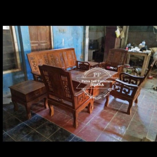 meja kursi ruang tamu kayu jati model besar