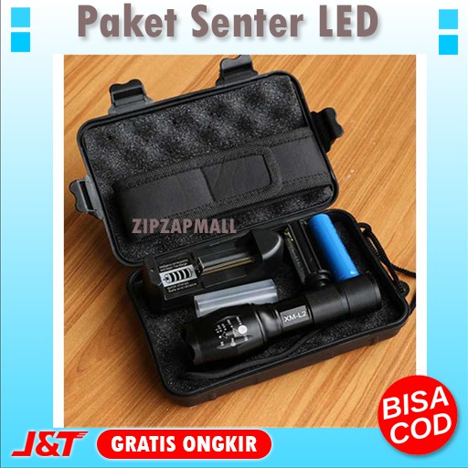 Senter Led Super Terang Jarak Jauh Lampu Senter LED -  Paket Senter  + Baterai 18650 + Charger Murah