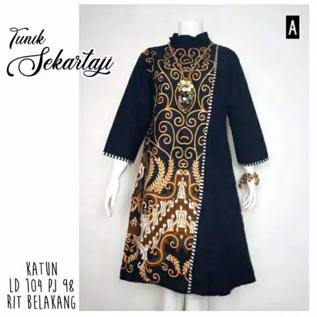 Tunik Sekartaji Tunic Batik Cantik Hitam Sogan Asli Solo Seragam Katun Halus Kantor Kerja JUMBO XXXL