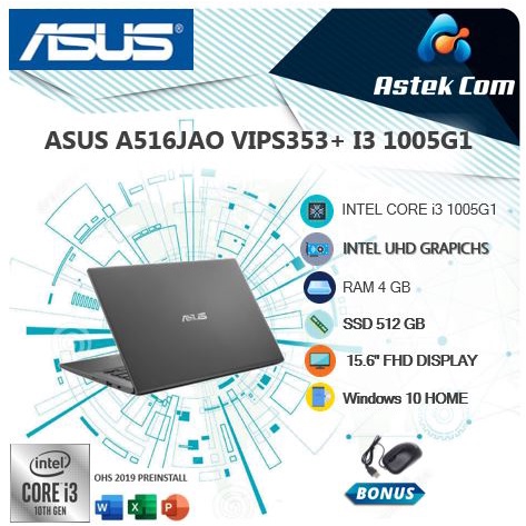 ASUS A516JAO VIPS353+ I3 1005G1 4GB 512SSD+OPT 32GB W10+OHS 15.6FHD IPS GRY