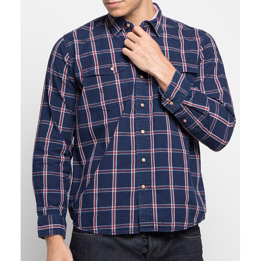 Kemeja Slim Fit Lengan Panjang Motif Kotak2 Merk Used Jeans