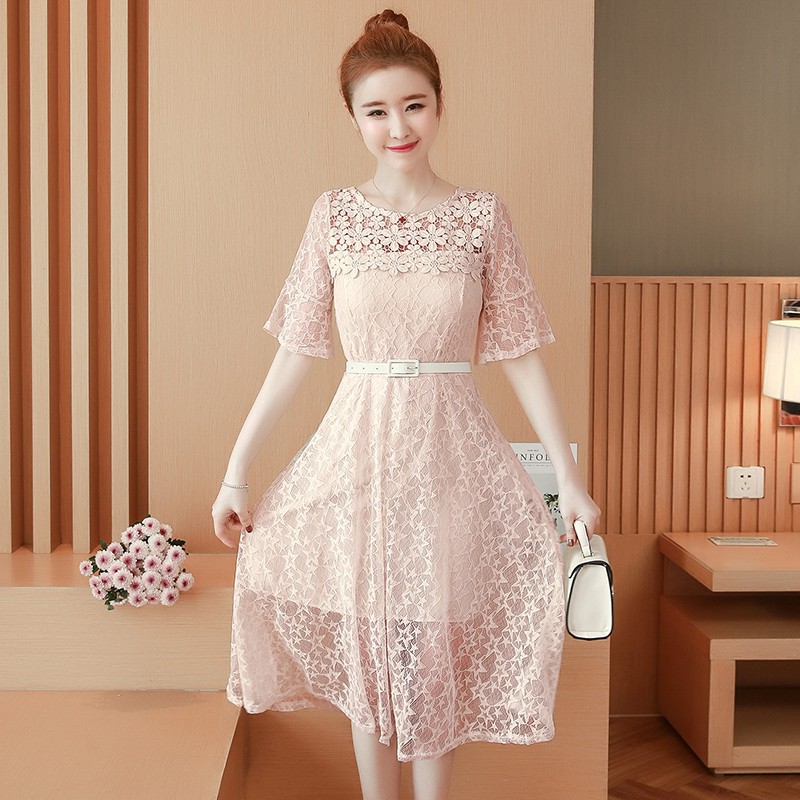 \u2764Dress Midi Model A-Line Slim Lengan Horn Bahan Lace Gaya Korea untuk Wanita