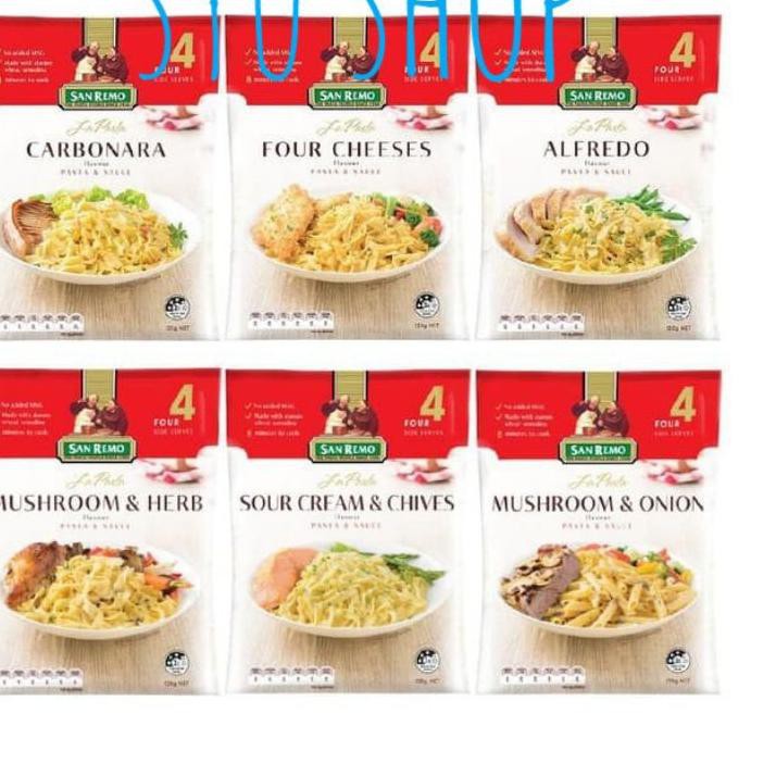 

Stok terbaru San Remo La pasta instan for four cheese macaroni alfredo mushroom herb sour cream chiv