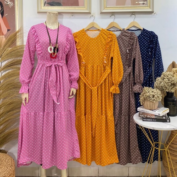 Gamis jumbo polkadot rempel 2 susun ruffle dada lengan smoked tali pinggang bahan voxy premium merk 