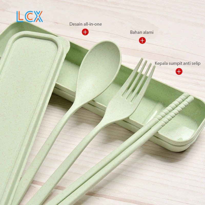 LCX 4 in1 Garpu Sumpit Tableware Travel Cutlery Set Alat Makan Sendok Garpu Sumpit Box BPA Free