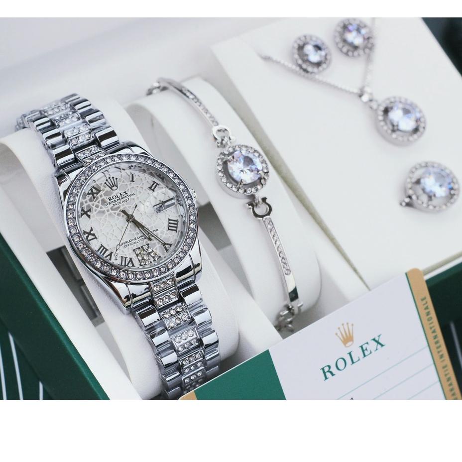 OTYG PROMO✅ JAM TANGAN RL0X WANITA GIFT SET KALUNG ANTING CINCIN DAN GELANG JAM TANGAN SET ROLEX MAT