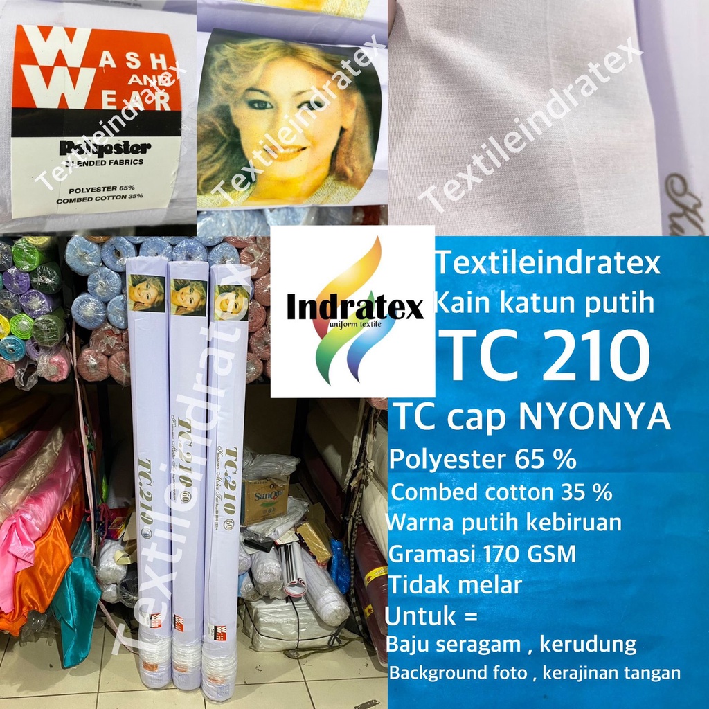 ( per setengah meter ) kain katun putih polos TC 210 NYONYA meteran lebar 150 cm bahan atasan baju hem kemeja seragam sekolah kerja kerudung bergo jilbab background backdrop foto taplak meja alas piknik mori kafan spanduk lukis pecel lele craft kerajinan