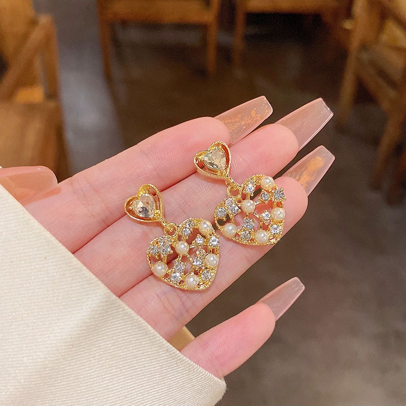 Anting stud 925 silver needle Bentuk Hati Aksen Mutiara Berlian Imitasi Untuk Wanita