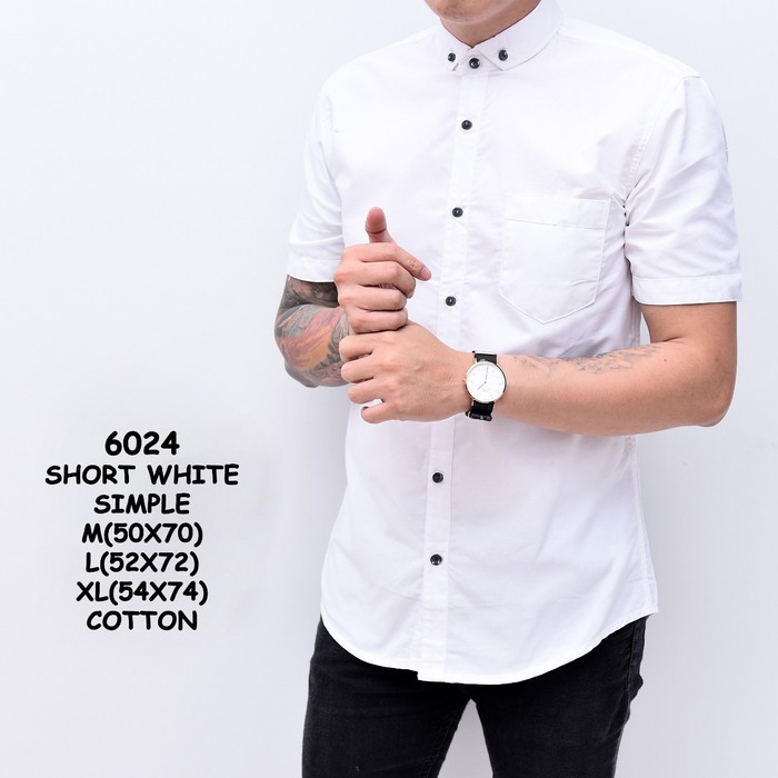 Kemeja Katun Putih | Baju Kemeja Polos Putih Pria Lengan Pendek Simple | Baju Katun Cowok