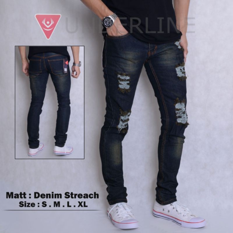 Celana Jeans pendek sobek pria ripped jeans UNDER LINE