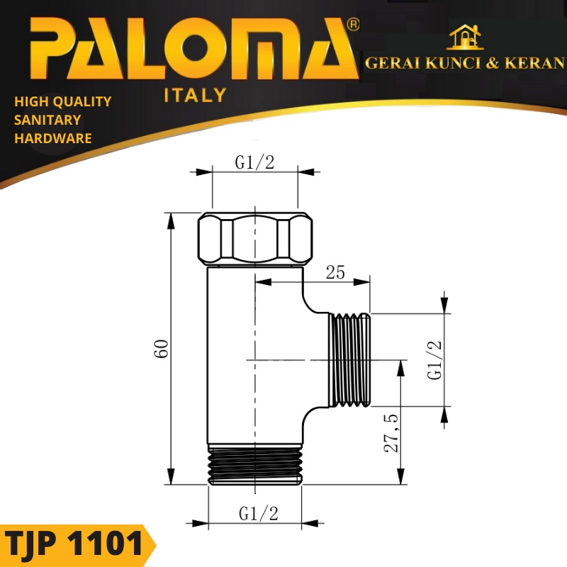 PALOMA TJP 1101 SAMBUNGAN NEPEL T CLOSET TOILET WC CONECTOR 1/2 INCH CHROME