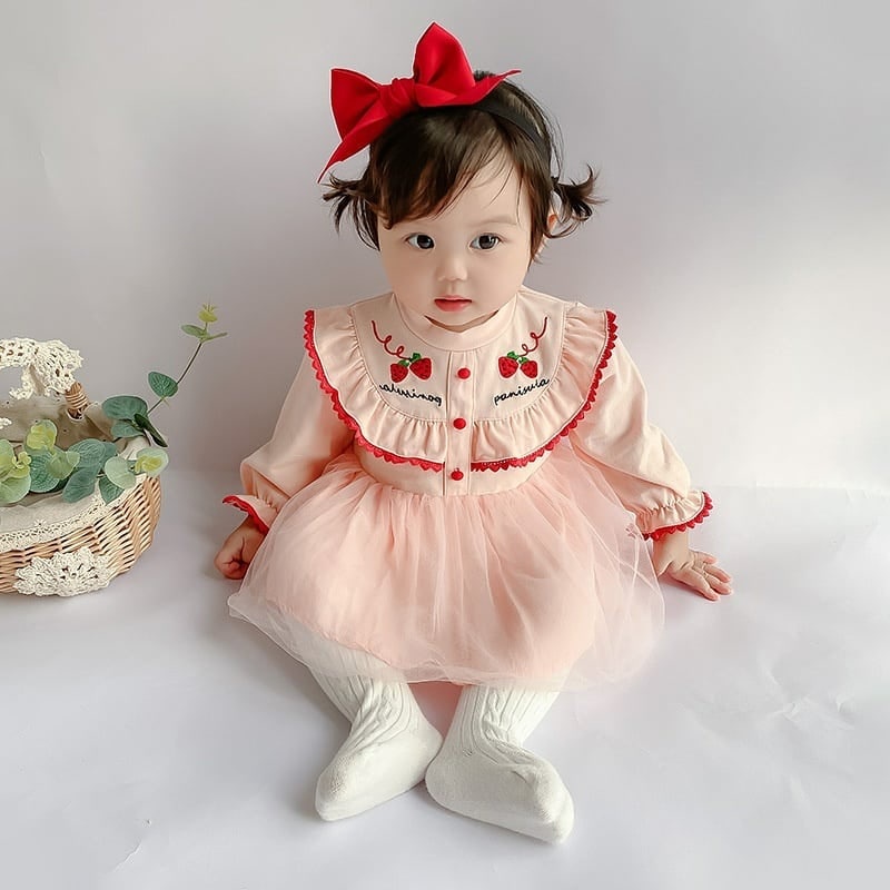 Promo !! Dress import baby cute / dress four strawberry pink renda ukuran 6bulan-2tahun / Dress anak perempuan