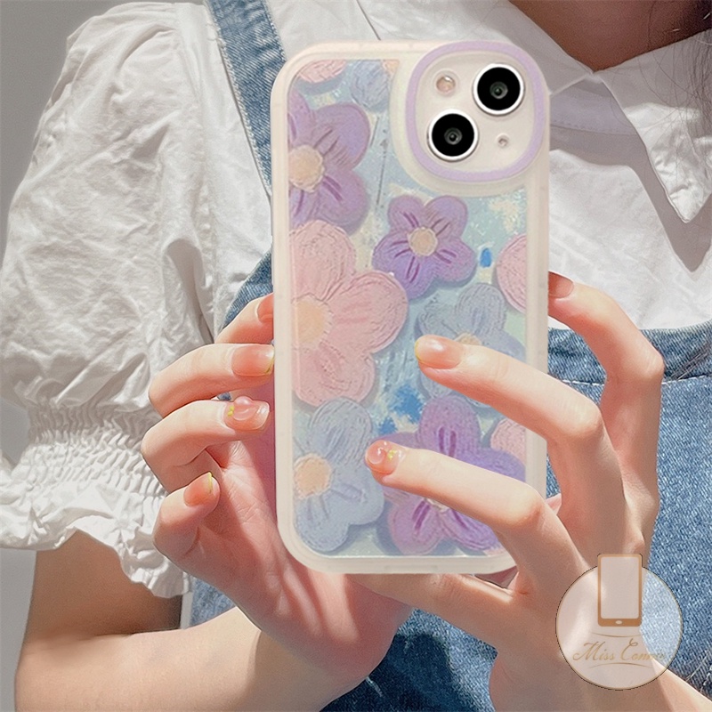 IPHONE Ins Fashion Retro Bunga Ungu Casing Ponsel Kompatibel Untuk Iphone11 7 8 Plus 12 13 11 14 Pro Max X XR XS Max 6 6s SE 2020 Plus Perlindungan Lensa Oval Soft TPU Cover