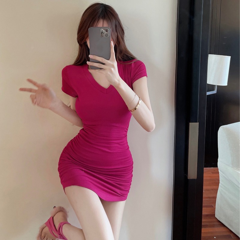 Mini Dress Rose Merah Pinggang Gaun Lengan Pendek Wanita Musim Panas Gadis Panas Seksi Temperamen Le