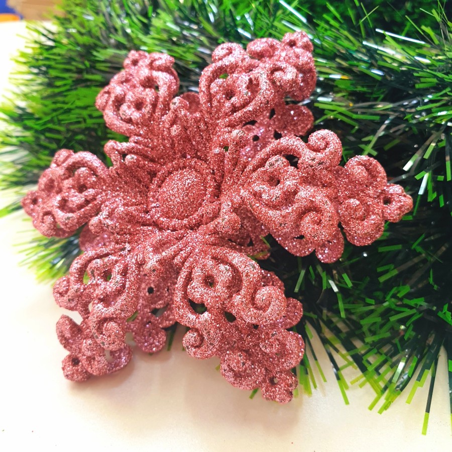 Snowflake 3D Tebal Hiasan Salju Gantungan Pohon Natal Emas Pink Murah