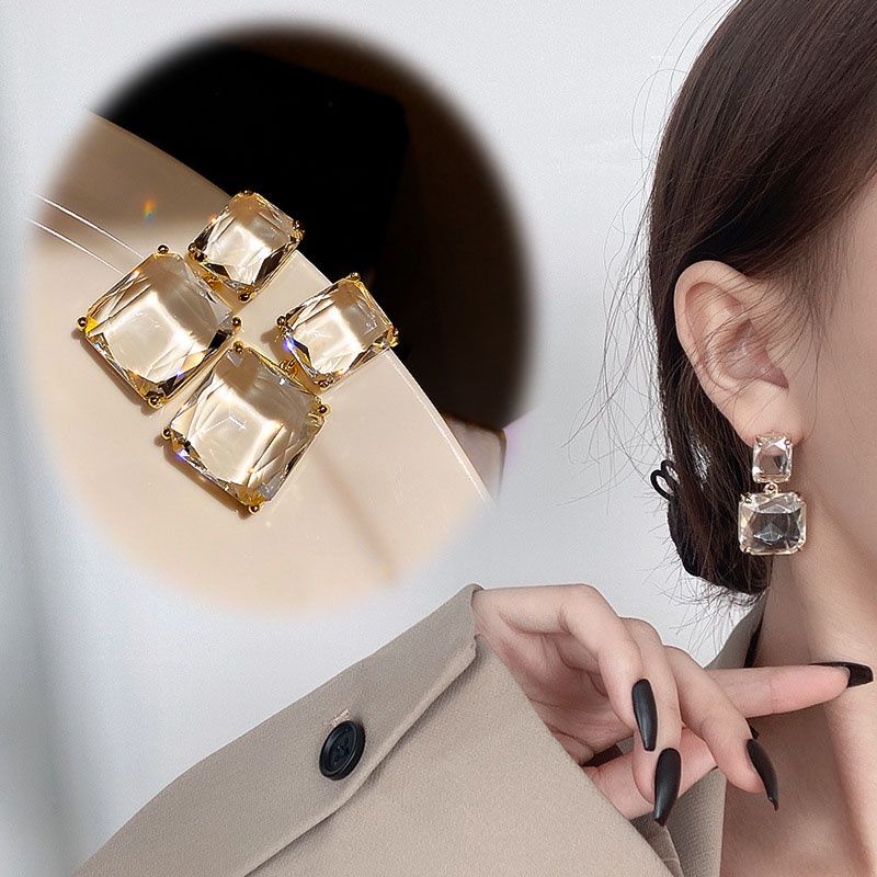 Anting Stud Bentuk Persegi Geometris Aksen Berlian Imitasi Transparan Untuk Wanita