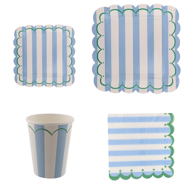 Blue Stripe Wave Trim Paper Plate Cup Disposable Tableware for Festival Party Supplies Home Decor