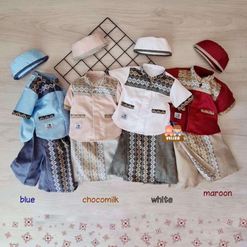 SET SARUNG CELANA SARCEL ANAK BAYI COUPLE ABYAZ ORI VELIZA MOTIF POLOS MERAH BIRU CHOCOMILK PUTIH