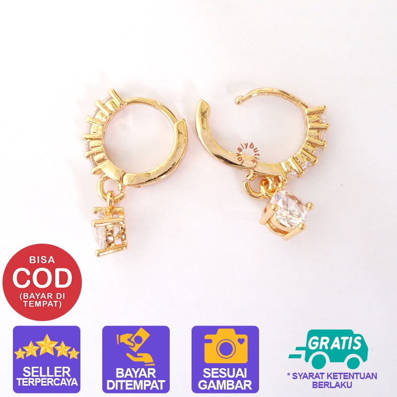 Lovelybutik Anting Xuping Gold Perhiasan Fashion Wanita Srikand1 Anting Jepit Permata Bola Kristal