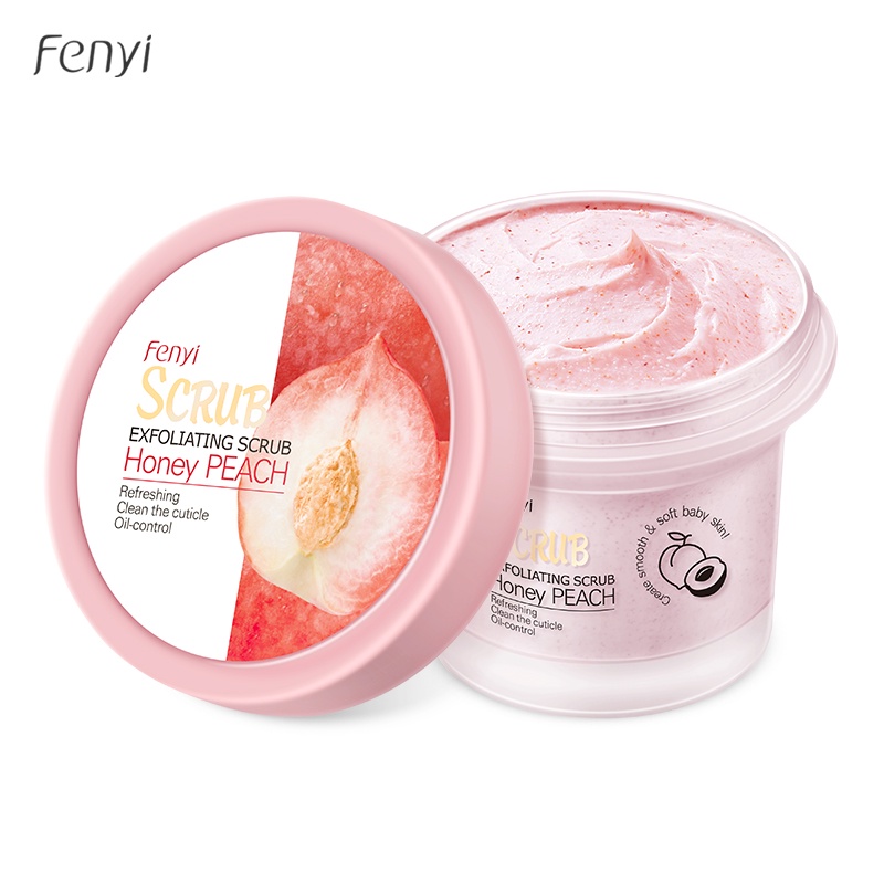 BPOM Fenyi Peach Tender Skin Body Scrub Lembut Krim Pelembab Membersihkan Mengeksfoliasi 100g