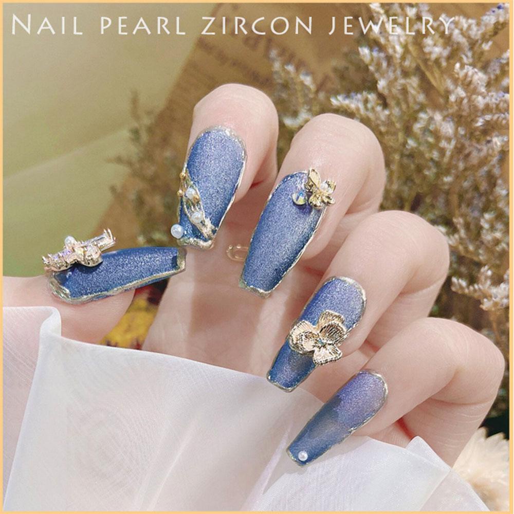 Rebuy Butterfly Nail Rhinestones Charms 1 Pcs Mutiara Bunga Nail Art Perhiasan Rantai Liontin Manicure Aksesoris
