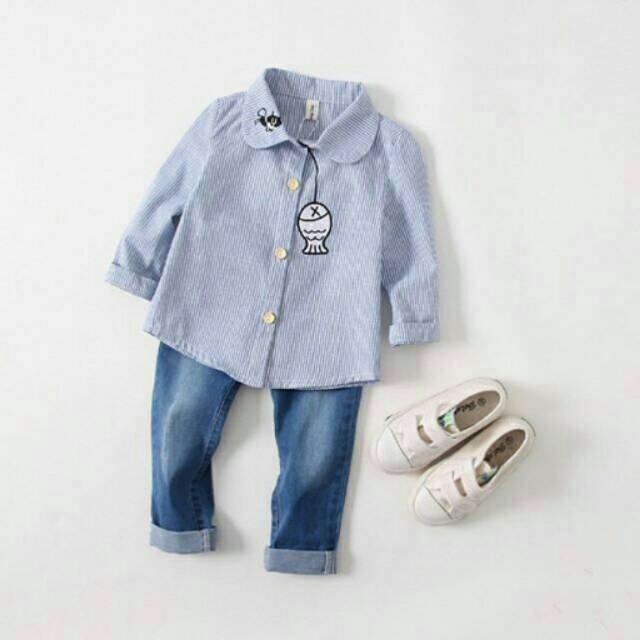 GA2303 FISH STRIPE TOP BLUE kemeja  anak  perempuan  lucu 