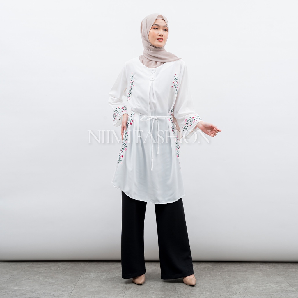 NIMI - Abira Blouse Putih Midi Dres Putih Bordir Premium Atasan Long Tunik Putih Jumbo Bordir