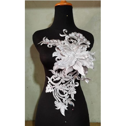 PondokGedeStore Bordir Bunga Renda Patch Tempel Dada Tasik Bulan Silver Abu Abu Lace Embroidery