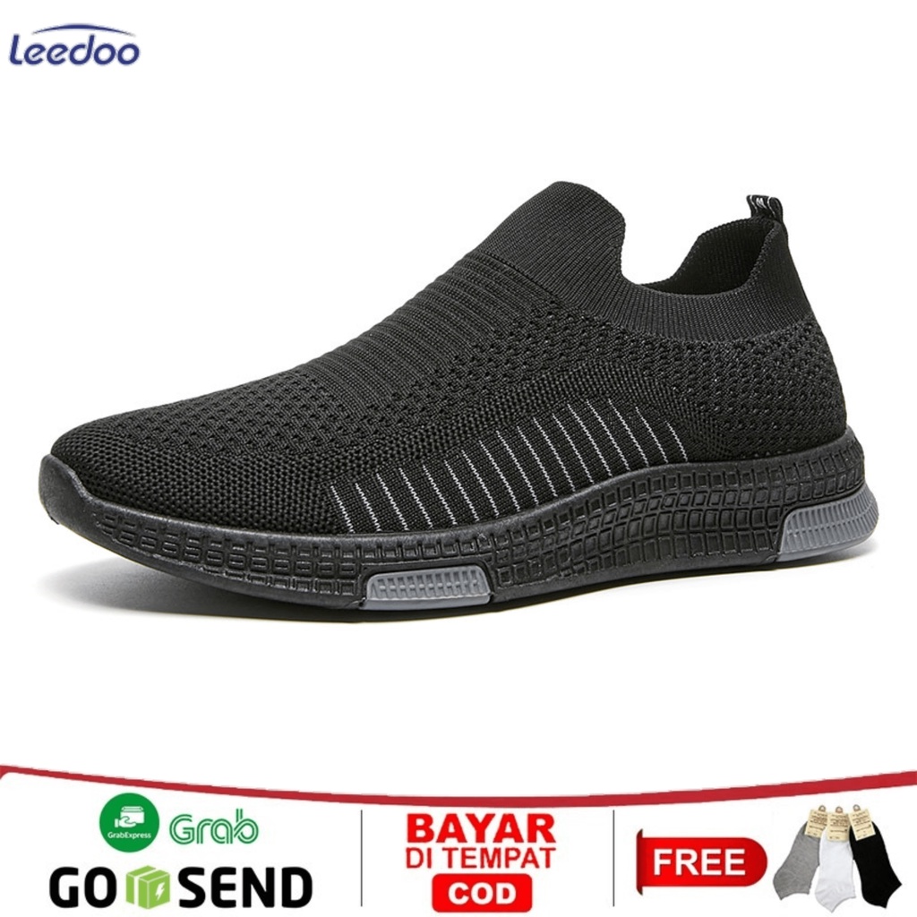 	 Leedoo Sepatu Pria Olahraga Casual Sneakers Running Sport Sepatu Slip On Shoes Hitam MR130	