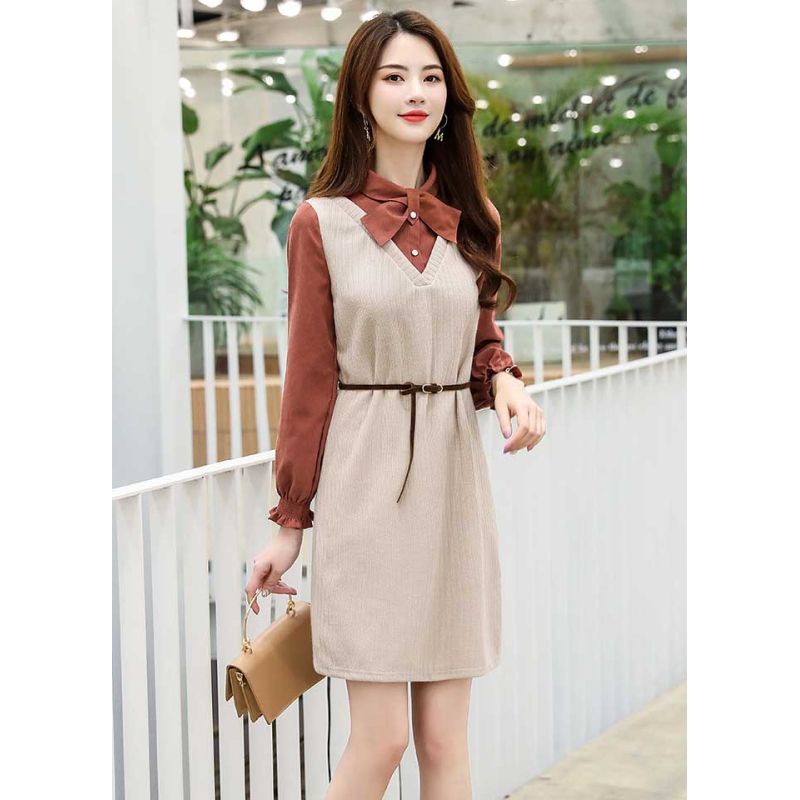 Dress wanita katun rajut coklat Korea lengan panjang +luaran nempel model belt elegant
