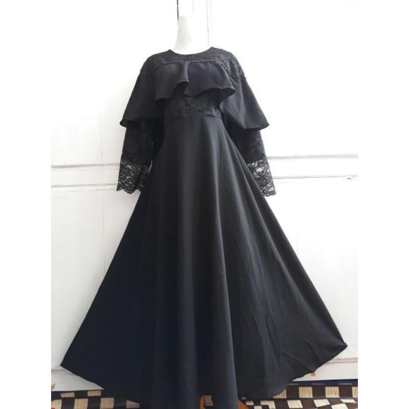 MAXI DRESS BROKAT MUTIARA DRESS LEBARAN KONDANGAN WISUDA WARNA HITAM SIMPLE DADA RUFFLE