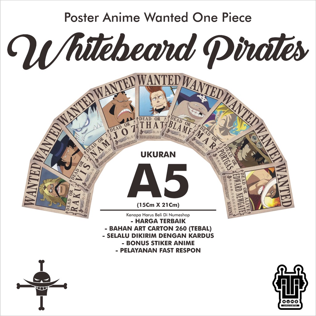 Poster Bounty Poster Wanted Anime One Piece Whitebeard Shirohige Pirates 1 Set - Ukuran A5
