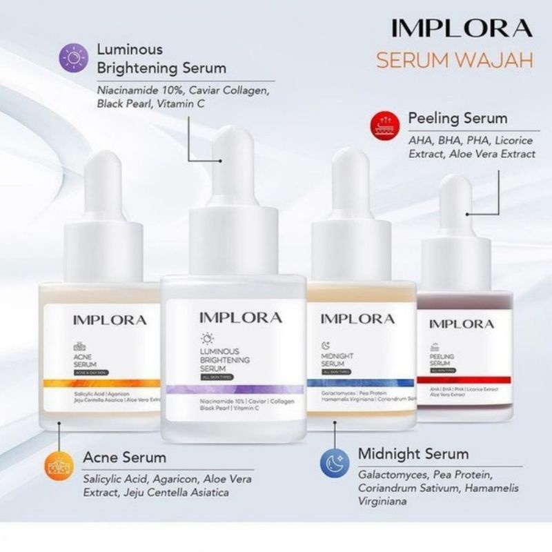 IMPLORA SKINCARE (NEW SALMON DNA &amp; BIRD NEST) SERUM WAJAH FACE SERUM CHEMICAL PEELING BRIGHT NIACINAMIDE 10% IMPLORA COSMETIC OFFICIAL 20ml CAVIAR COLLAGEN VITAMIN C EXTRACT AHA BHA PHA CENTELLA ASIATICA AGING PEELING SOLUTION ACNE CARE SERUM MALAM