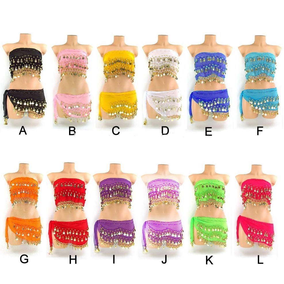 Belly Dance Belt Sifon Chifon Set Selendang Tari Perut Senam Koin Emas Pinggul Hip Scarf Dance Gold Coin Zumba