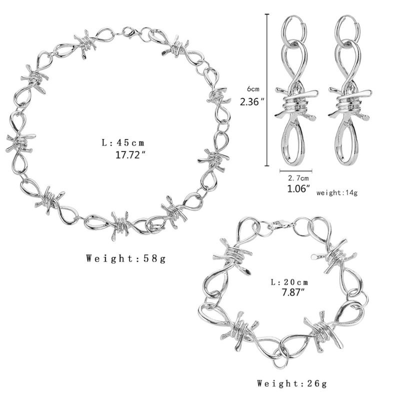 SIY  3Pcs Vintage Silver Punk Gothic Barbed Wire Brambles Chokers Necklace Bracelet Earrings Jewelry Set Men Women Jewerly