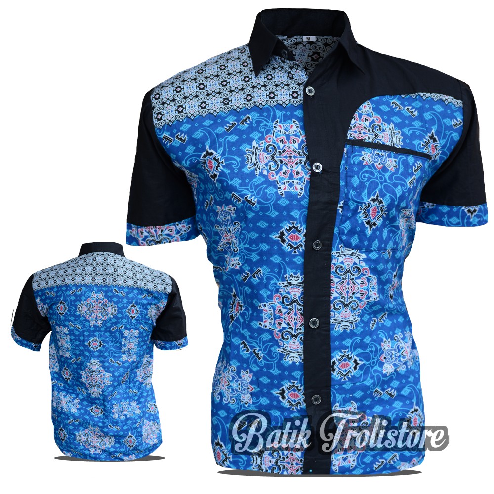 MURAH BATIK PRIA WARNA BIRU LENGAN PENDEK MOTIF SETIF DAN SETPOL SERAGAM BATIK TROLISTORE