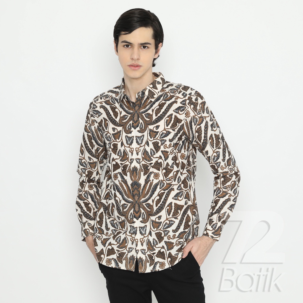 BATIK COUPLE MODERN Kemeja Rok Lilit Instan Batik Pria Lengan Panjang Premium Motif Elegant Putih Coklat 721058 CAP 72