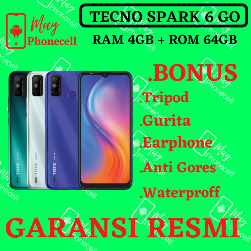 TECNO SPARK 6 Go Ram 4GB Internal 64GB 4/64 2/32 New Baru Garansi Resmi
