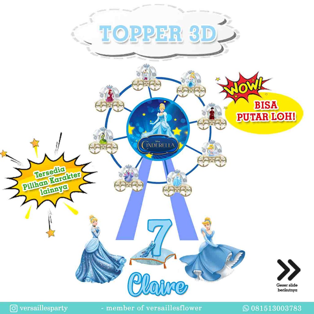 Cake Topper 3D Cinderella / Topper Bianglala 3D Cinderella / Topper kue Cinderella / Tusukan kue