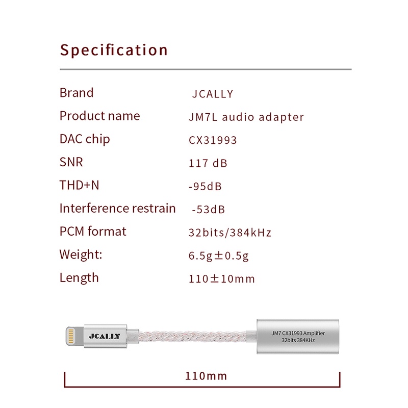 JCALLY JM7L HiRes DAC Audio Digital Adapter Lightning to Jack 3.5mm